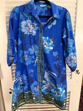Maude Vivante Blue Floral and Toucan Print Shirt Dress